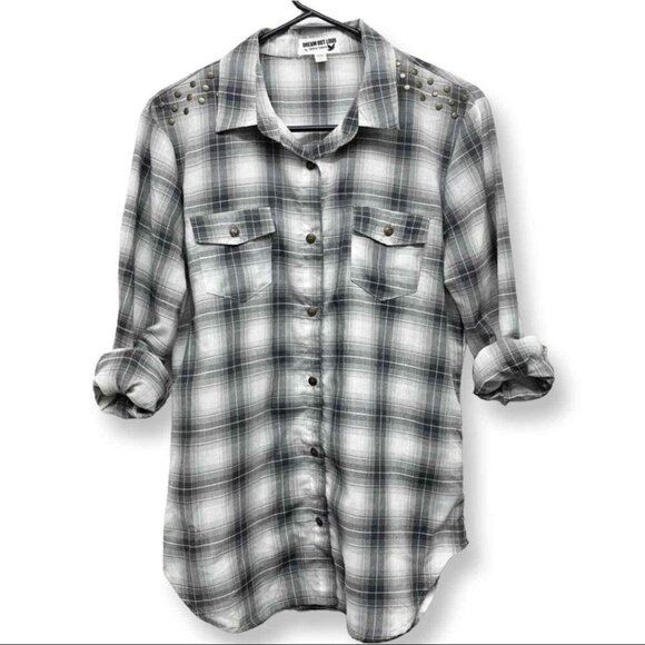 Dream Out‎ Loud Plaid Studded Shoulder Button Down Long Sleeve Shirt - Picture 1 of 7